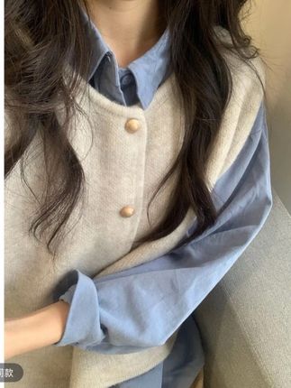 韩版气质翻领长袖衬衫叠穿针织马甲坎肩两件套女ins春季新款穿搭#爆款热卖中 #好物推荐🔥 #超便宜超划算 #谁穿谁好看#休闲两件套
