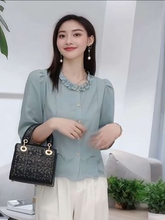 女早秋七分袖纯棉衬衫宽松时尚修身显瘦#时尚洋气 #减龄气质 #春秋穿搭