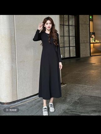 老钱风女装2025年新款韩版时尚休闲显瘦长款打底裙短袖黑色连衣裙