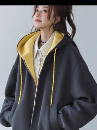 美式早秋宽松外套女款秋2025新款流行百搭拼色连帽开衫卫衣加厚#女装#休闲#舒适#宽松#好看
