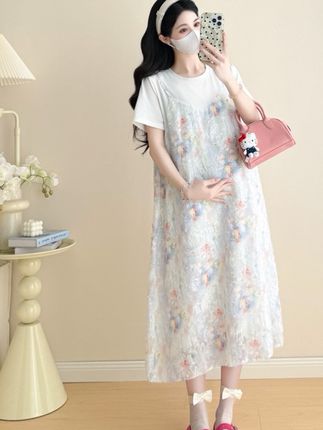 休闲时尚百搭假两件显瘦减龄孕妇连衣裙中长款#女装 #甜美穿搭 #连衣裙分享 #遮肉显瘦穿搭 #夏季穿搭