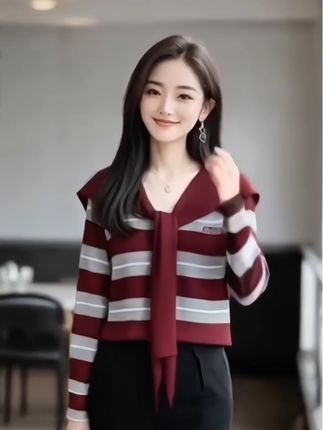 哥弟阿玛施正品女装羊毛针织衫披肩领撞色条纹长袖V领秋季通勤风 #穿出高级感 #引领时尚潮流 #时尚气质穿搭 #洋气上档次 #开衫外套