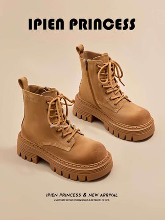 厚底马丁靴女2025春秋新款美式高跟短靴子配裙子工装大黄靴#软底软面穿上超舒服