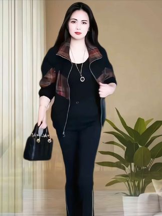 时尚长袖爆款短外套女2025秋季新款时髦洋气翻领拼接格子夹克上衣#谁穿谁好看 #洋气减龄 #面料柔软舒适 #春秋穿搭
