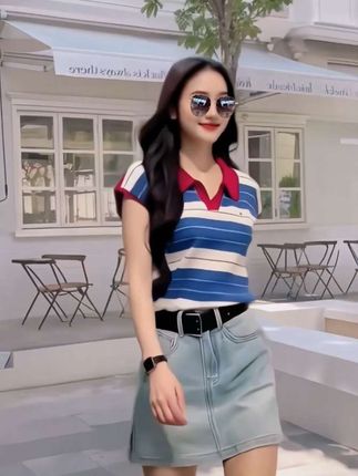 韩系撞色条纹polo领冰丝针织衫女夏装新款小飞袖短袖T恤百搭上衣#小个子显高显瘦穿搭 #夏日韩系穿搭 #通勤搭配 #潮流穿搭休闲风 #气质女神穿搭 @DOU+上热门