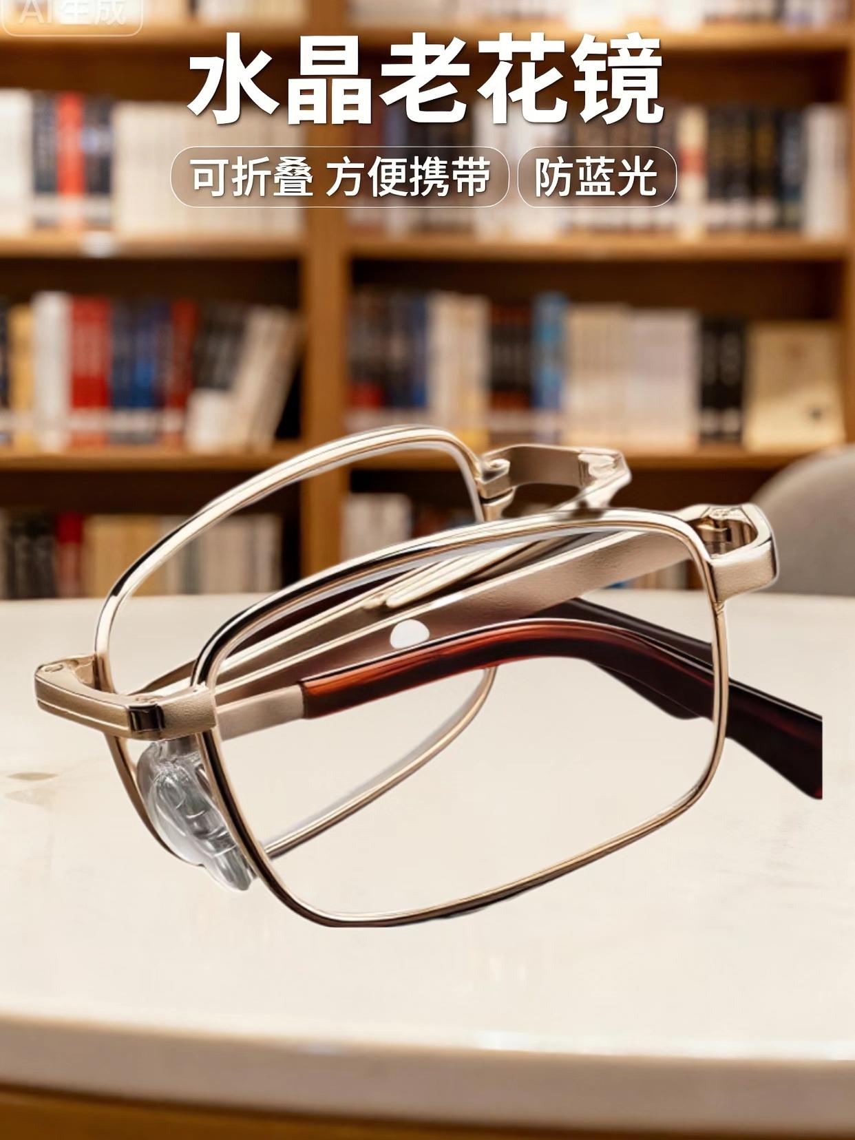 便携折叠护目老花镜,让清晰视野回归日常 还在为视物模糊影响生活体验而困扰?这款多功能老花镜,专为提升视觉舒适度设计。采用精密光学技术打磨镜片,透光性优异,轻松实现远近视物自由切换。 无论是低头品读纸质书籍、沉浸式观看手机视频,还是日常驾车出行,都能确保视野全程高清,细微之处也能清晰呈现。镜片特别添加高效蓝光防护层,可有效过滤电子屏幕蓝光与户外强光中的有害光线,减少眼部刺激,缓解用眼压力,即使长时间用眼,也能降低眼睛酸涩、疲劳的不适感。整体设计简约大方,兼顾实用性与时尚感,轻松适配多种日常场景。#时尚眼镜 #水晶老花镜 #防蓝光眼镜 #折叠眼镜