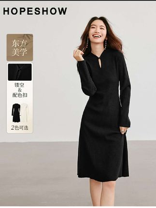 红袖新款女装 国风收腰镂空立领针织连衣裙90124381602
