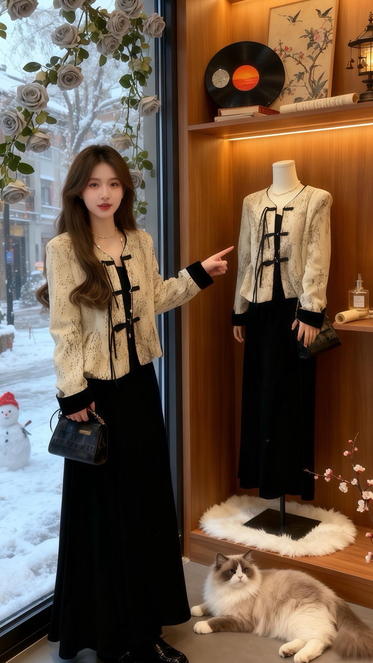 雪日新中式闲序。画室暖光裹着街雪,我执画笔时,布偶猫跳上案头线装书——新中式外套的盘扣垂腕,肌理纹衬得肩颈软和;长裙的垂坠裙摆裹住秋冬的慵懒。 午后蜷沙发抱猫喝茶,裙摆落满毛绒地毯,茶雾漫过旁侧刺绣团扇。逛店指模特同款,邻柜姑娘探头:“这盘扣也太戳审美了吧?” 你们穿新中式,爱画室松弛还是逛街精致?#新中式艺术感穿搭 #场景化精致穿搭 #盘扣外套长裙 #温柔系秋冬穿搭 #法式复古新中式