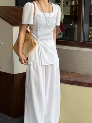 夏季宽松法式方领开叉上衣+高腰半松紧老钱风松弛感女装#夏季穿搭 #高级感穿搭 #显高显瘦 #简约大气 #抖音珠宝文玩