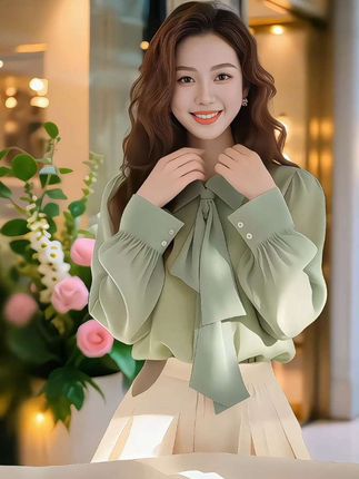 设计感蝴蝶结翻领衬衫上衣,新款欧货气质纯色长袖小衫#每日分享 #通勤搭配 #优雅气质 #出街穿搭 #衬衫