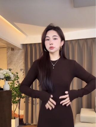 圆领长袖修身显瘦名媛打底气质秋冬连衣裙女高级感垂感收腰长裙#高级感穿搭