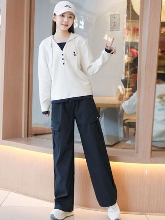 #女学生连帽卫衣工装裤#中大童休闲卫衣工装裤套装#春秋新款