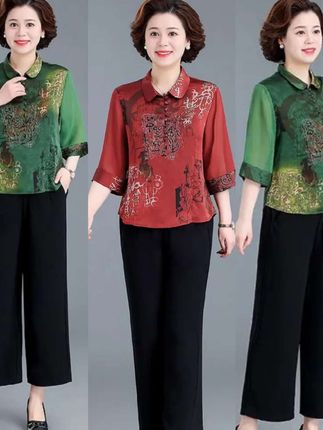 #时尚妈妈装 #洋气减龄 #遮肉显瘦 #洋气小衫套装 #中老年穿搭