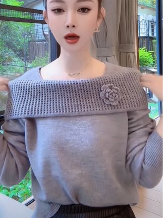 新款时尚韩系一字肩翻领长袖毛衣#时尚百搭#长袖毛衣#秋日穿搭