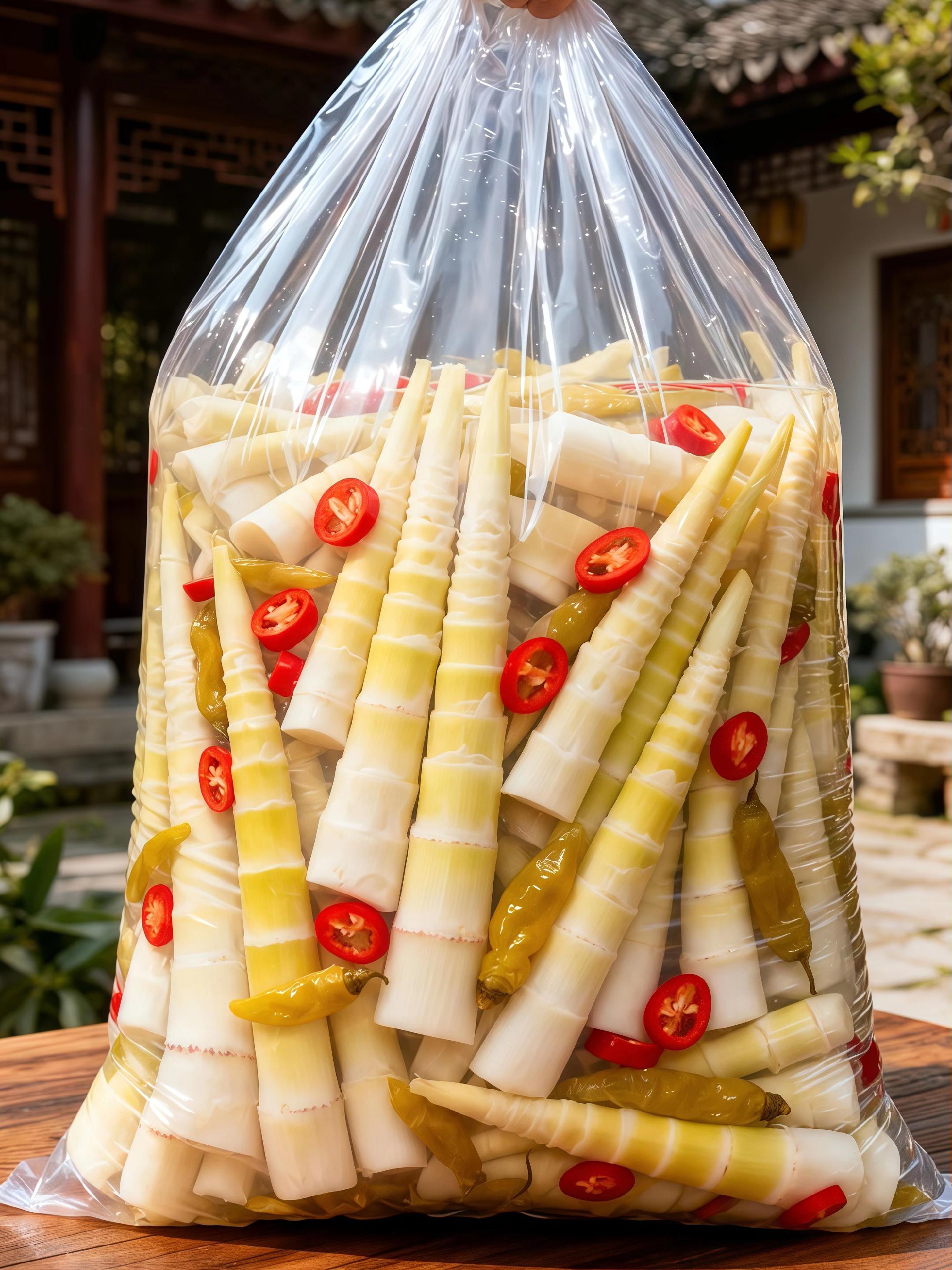 重庆风味泡椒脆笋 堆叠的脆笋袋里,黄白色笋身裹着鲜红泡椒,视觉上便透着诱人气息。地道重庆风味的开胃小食,开袋即食超方便。 咬下时的脆响伴着汁水迸发,笋肉嫩而有嚼劲,舌尖蔓延的酸辣滋味格外爽口。日常当零食解馋,炒菜时添上一把增香,配酒更是解腻良方。 大份量包装性价比十足,无论是办公间隙垫肚子,还是家庭聚餐当配菜,都能轻松适配,随时唤醒味蕾。#泡椒竹笋的做法#泡椒竹笋的腌制方法 #熟食卤味做法