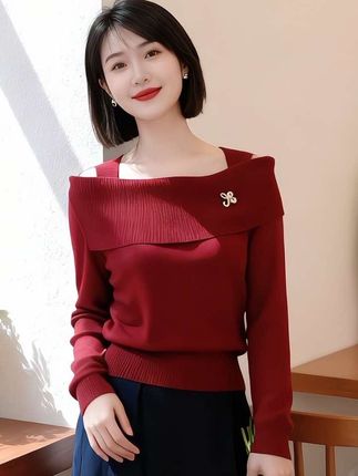 #秋季时尚百搭毛衣红色女洋气设计感胸针一字领羊毛针织上衣1460#优雅气质 #减龄气质 #每日分享