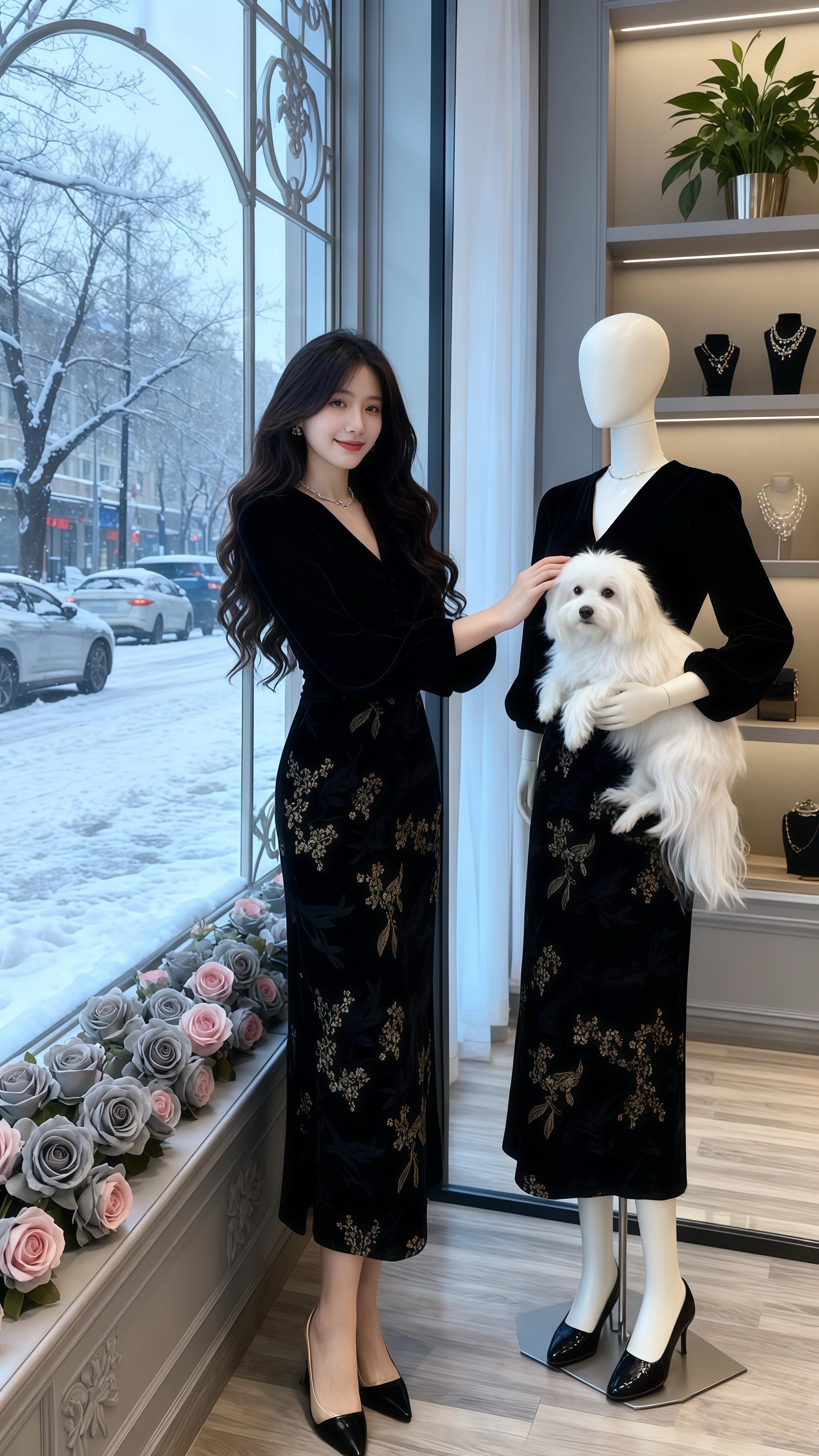 《雪境的金韵》窗外雪片簌簌,给街道覆上银白绒毯,车辆驶过带起细碎雪雾。店里,粉灰玫瑰开得雅致,黑柜上的摆件泛着精致光泽。  苏绵穿着黑金旗袍、黑尖鞋,怀里抱着蓬松白犬,举着相机对准雪景。那古典又华丽的穿搭,和怀里的毛团融成帧复古画。  “这金纹,把雪天的寒都衬得华贵了。”清朗男声从身后传来。苏绵回头,撞进林屿含笑的眼,小狗也欢快摇尾。空气里漫着花香与快门的轻响,她脸颊微热,心像被雪光镀上了金。#秋冬穿搭实用主义 #冬日暖系流光要温度有风度 #遮肉显瘦 #穿出高级感 #穿出自己的风格 @抖加🔥上热门🔥dou+🔥热点宝