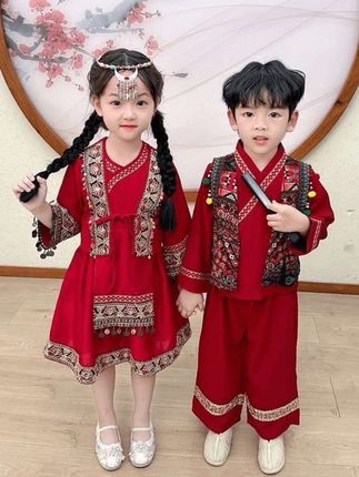 广西三月三演出服,壮苗族舞蹈服,男女童汉服唐装民族服装