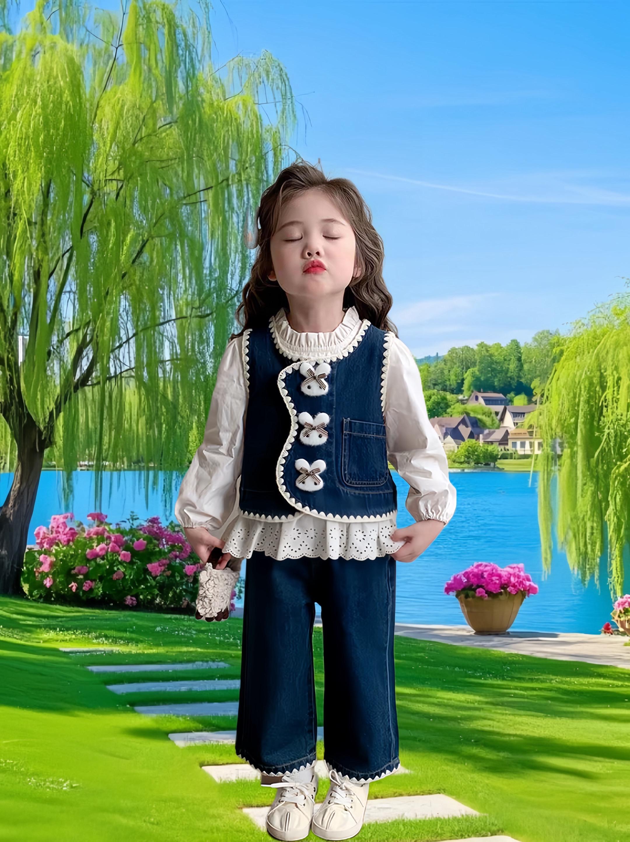 女童洋气时髦牛仔三件套~2025秋季新款。牛仔马甲洋气十足,深蓝牛仔质感在线,蕾丝花边的点缀像给牛仔披上了温柔的纱,独特的花朵扣设计别出心裁,让马甲复古又俏皮。内搭的米白衬衫,木耳边领口甜度拉满,亲肤面料让宝贝自在活动,举手投足都是温柔小淑女模样。阔腿牛仔裤版型超赞,宽松不拖沓,裤脚花边和马甲呼应,一套穿出门,洋气感直接拉满,不管是上学还是逛公园,宝贝都能成为时尚小焦点。#高品质童装 #甜美穿搭 #女童穿搭 #女童套装 #初秋一周不重样穿搭