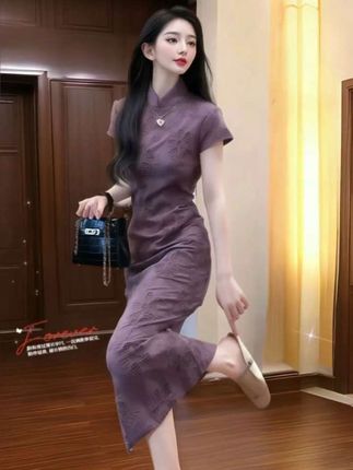 新中式国风蕾丝镂空紫色绝美改良旗袍连衣裙掐腰气质#掐腰显瘦 #气质长裙 #高级感穿搭 #温柔又飒 #显白神器