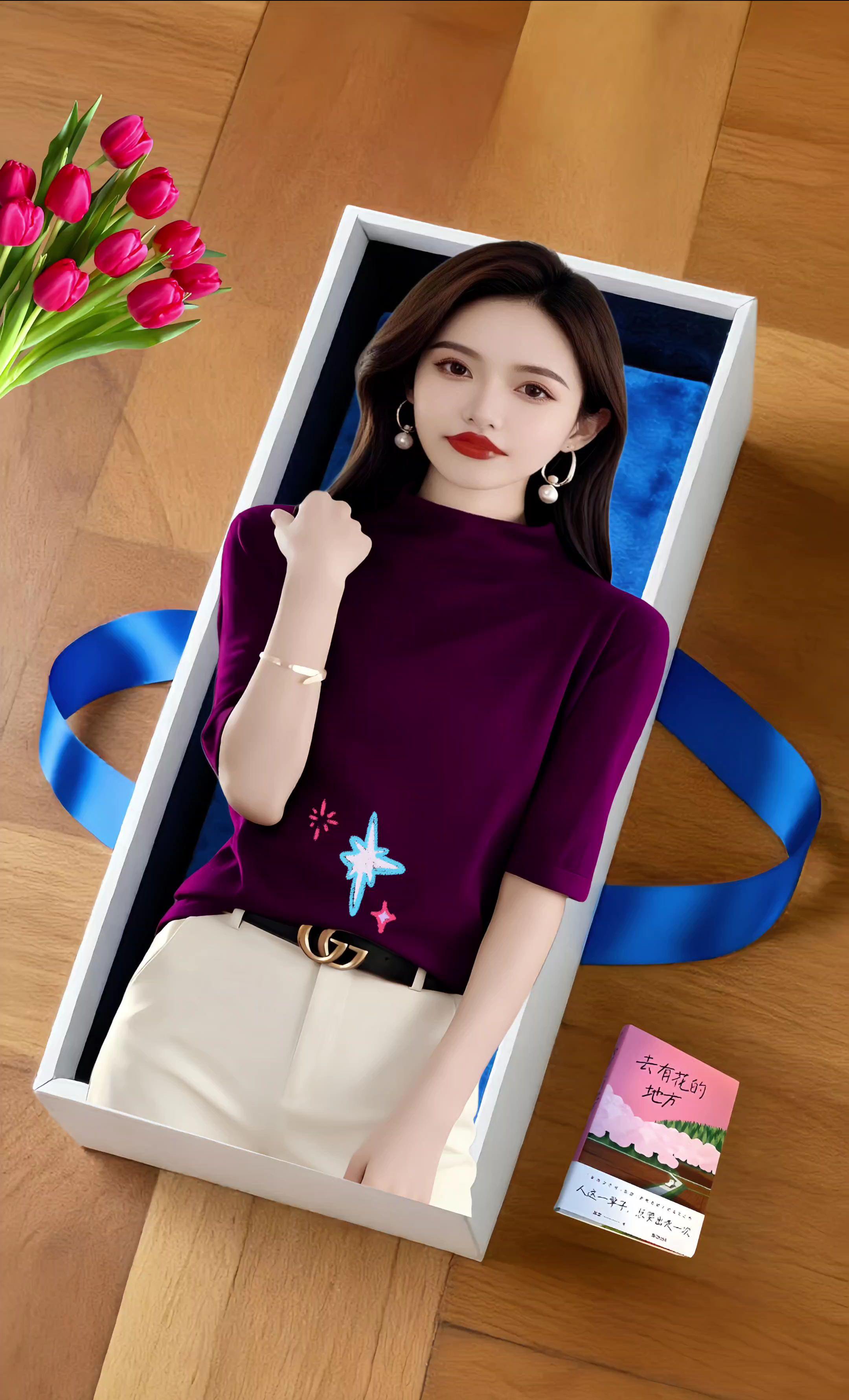 中袖针织衫女春秋大码新款百搭修身黑色半高领五分袖气质打底上衣#早秋穿搭