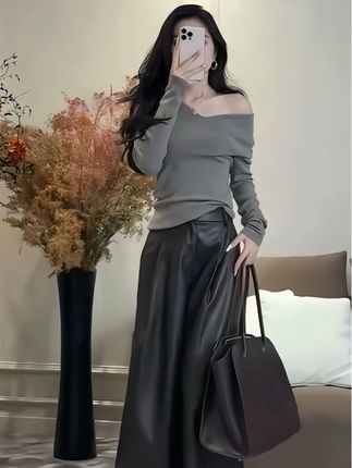 早秋新款韩系穿搭设计感修身露肩长袖毛衣上衣高腰阔腿长皮裤#时尚穿搭#显瘦穿搭 #减龄穿搭 #气质穿搭 #早秋穿搭