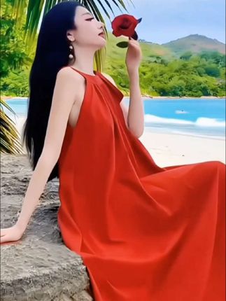 法式度假风无袖挂脖红色连衣裙女夏季云南三亚海边度假氛围感长裙