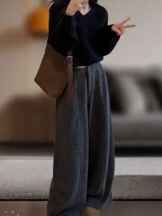 秋冬新款韩版宽松毛呢休闲裤 显瘦简约风纯色阔腿裤#阔腿裤毛呢裤#面料柔软舒适#显高显瘦显腿长显瘦穿搭收起