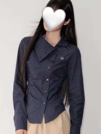 深藏青斜翻领复古格纹掐腰显瘦衬衫 #斜翻领#复古#格纹#掐腰#衬衫