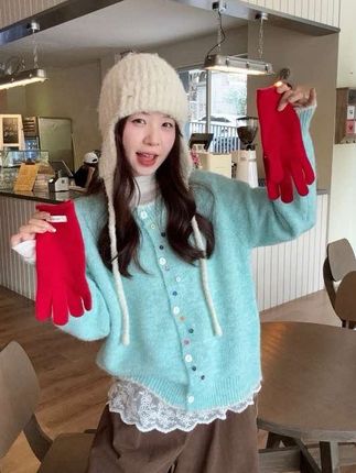 温柔风小众长袖毛衣开衫女秋季韩系宽松蓝绿色上衣外搭针织衫外套#上衣穿搭 #针织衫 #开衫外套 #针织衫外套#毛衣开衫外套