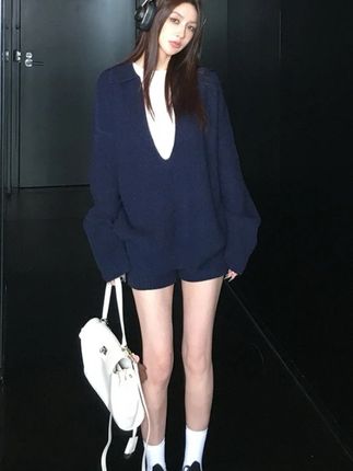 番茄妹妹Tomatosister气质松弛感大V领坑条连帽短裤休闲套装毛衣#懒人必备 #穿出高级感 #今日穿搭 #百搭显瘦 #学院风穿搭