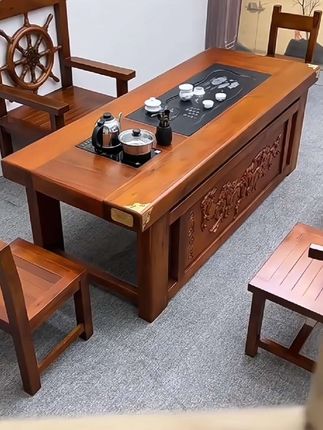 老船木茶桌现代家用套装茶桌烧水壶一体嵌入式茶几实木办公室茶台#中式家具# 实木茶桌全套#老船木茶桌