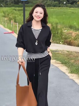 2025秋季新款韩系慵懒风长袖假两件针织上衣女阔腿裤两件套套装女#小个子穿搭 #韩系穿搭 #梨形身材穿搭 #早秋穿搭 #慵懒风穿搭
