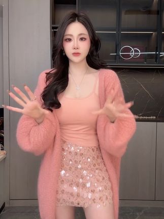 秋冬新款女装时尚毛衣外套女韩版慵懒风软糯泡泡袖针织大衣开衫女