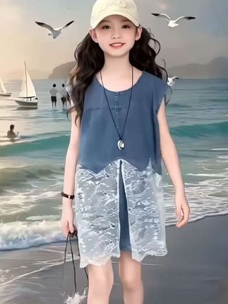 女童牛仔蕾丝套装夏季2025新款女孩时尚洋气中大童时髦凉感两件套#套装 #套装穿搭 #牛仔裙 #牛仔 #两件套