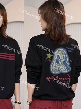 秋季套头长袖后背印花卫衣百搭休闲立领下摆抽绳显瘦上衣女#女装 #夏季穿搭 #牛仔裤 #今日穿搭 #休闲裤