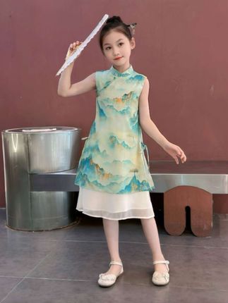 女童夏季新中式旗袍裙中大童中国风优雅复古裙子#谁穿都好看 #女宝穿搭
