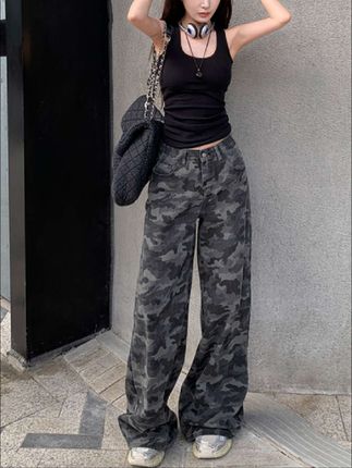 美式街头迷彩阔腿裤女2025夏季新款高腰宽松显瘦显高潮酷牛仔长裤#迷彩裤 #阔腿裤