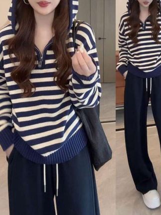 2025春秋新款连帽条纹针织衫女士宽松阔腿休闲裤时尚套装洋气女装#休闲风 #时尚穿搭 #套装两件套 #条纹控