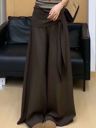 美拉德咖色阔腿裤女早秋新款松弛感高腰绑带显瘦拖地休闲长裤#显高显瘦显腿长 #百搭显瘦 #显高显瘦 #藏肉显瘦穿搭 #这么穿显瘦20斤