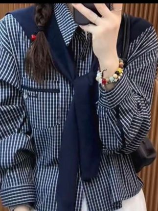 2025早秋新款韩版时尚百搭休闲格子衬衫女设计感衬衣披肩长袖上衣#披肩长袖#休闲百搭#早秋新款