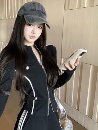 A618小香风长袖双拉链外套女秋季运动套装休闲裤阔腿裤两件套#今日穿搭 #女装 #高级感穿搭