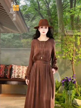 复古文艺风纯色系带收腰A字裙女2025秋季新款端庄优雅圆领连衣裙