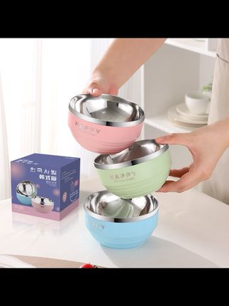 【3个装】不锈钢(口径12cm)马卡龙双层防烫碗拉面碗家用碗饭碗汤碗#非常方便实用 #美食餐具 #厨房好物 #居家必备好物