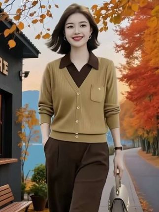 2025春秋新款设计感,翻领假两件针织衫上衣,气质半松紧腰九分裤套装 #时尚穿搭 #洋气减龄两件套 #优雅气质 #通勤搭配#初秋一周不重样穿搭