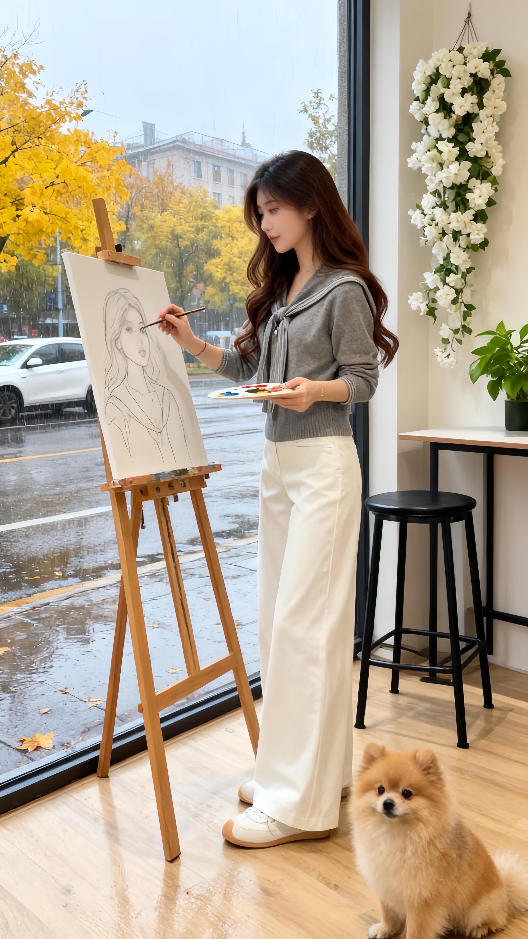 #AI扩图 早秋雨天的咖啡馆,这套“格雷系”穿搭成了氛围感女主  秋雨敲打着落地窗,路边银杏黄得正好。我抱着博美犬躲进满是白蔷薇的咖啡馆,灰色披肩针织衫掐出腰线,配直筒白裤,在画架前调色时,邻座姑娘追着问链接。  原来这“格雷系”穿搭早成早秋暗号,不用刻意扮酷,一件有设计感的针织衫,就能把文艺与利落穿在身上,像此刻的雨,像手里的画笔,舒适又出片,难怪成了姐妹们的早秋心头好~#小个子穿搭 #减龄气质 #晒晒我的秋日穿搭 #秋季日常实用穿搭思路分享