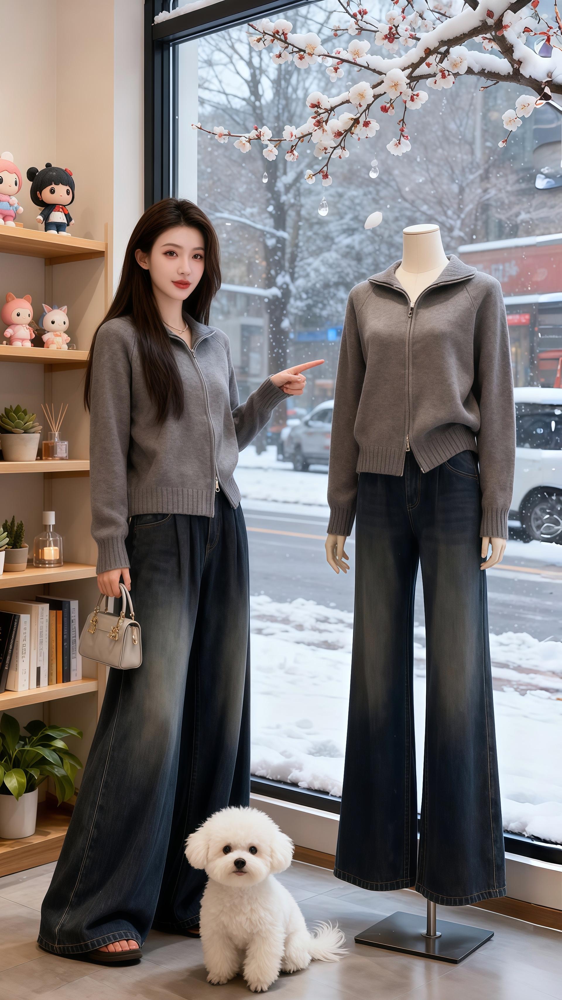 《拉链针织开衫,搭配阔腿裤超赞!》   🐶暖乎乎的服装店里,小鑫笑着指向模特身上的套装,眼睛亮晶晶✨。 她穿的拉链针织开衫,版型利落又好搭,抬手间都透着随性~ 搭配垂感阔腿裤,走路带风还显腿长,手里拎着的小包包和整体超合拍😎。 脚边小白狗摇着尾巴,像在夸这身搭配好亮眼~ 针织开衫把简约和实穿融在一起,出门逛街或和朋友下午茶都合适,轻松get小鑫同款日常心动穿搭~#韩系穿搭#温柔穿搭#优雅气质#晒晒我的秋日穿搭#小个子秋冬穿搭@DOU+上热门@DOU+小助手