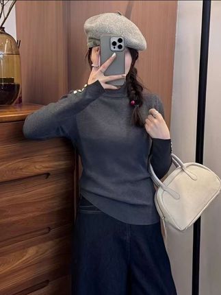 秋冬新款韩版简约纽扣半高领针织衫毛衣女打底衫上衣G5-53#百搭显瘦 #显瘦遮肉 #面料柔软舒适