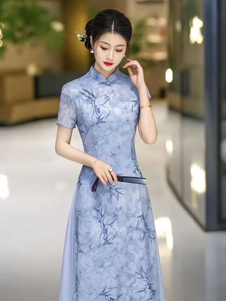 高端绝美新中式旗袍民国蓝色新款日常可穿晚礼服老上海连衣裙#旗袍#国风古韵 #旗袍自由 #古典美#复古旗袍