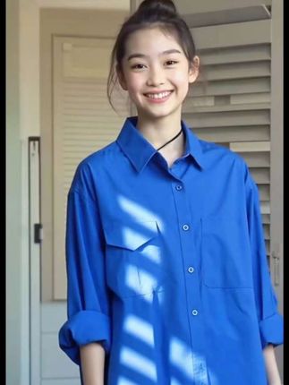 克莱因蓝衬衫黑色外套套装#春秋新款 #青春活力 #松弛感穿搭 #自己的风格